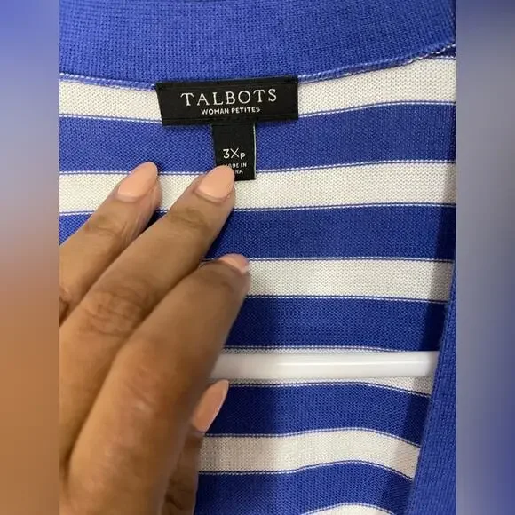 Talbots Blue White Stripe Coastal Lightweight Open Front Cardigan Pom Pom 3XP - Picture 3 of 8
